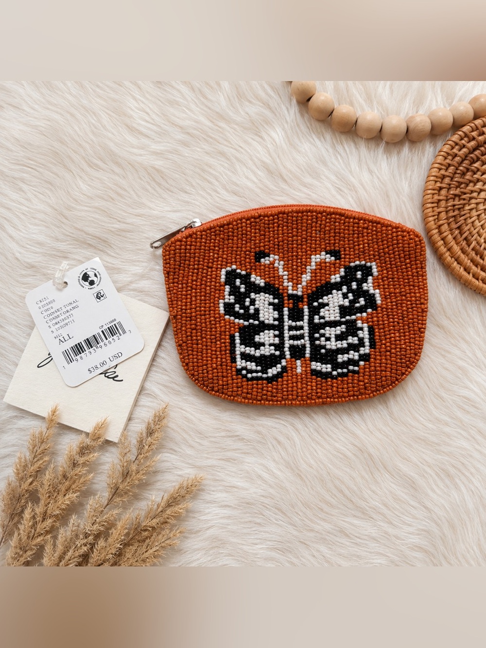 Free People Beaded Butterfly Coin purse - Rust Orange with Black & White
